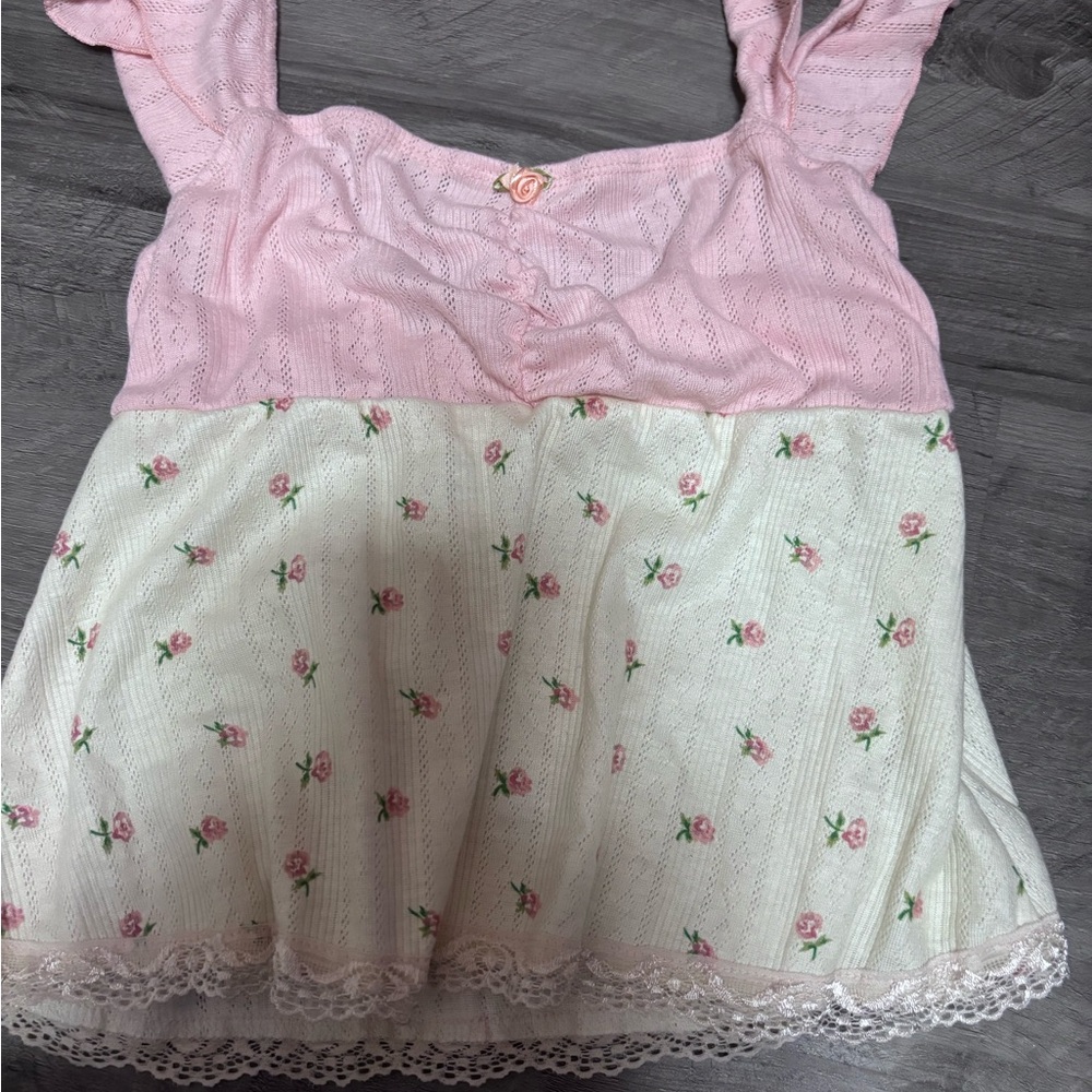 Pink and Cream Floral Lace Trim Top
